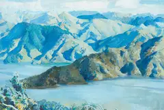 William Alexander Sutton, View of the Marlborough Sounds, oil on canvas board