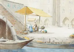 The stall beside the bridge, Chioggia, Italy by Cranleigh Barton, watercolour, offered Jun 2019
