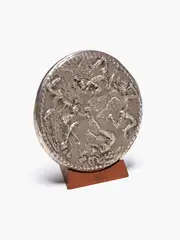 Paul Beadle, The Fall of Icarus, cast metal medallion on wooden stand
