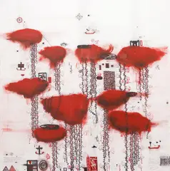John Pule, It was in the kumara pit, my Mother said, that I tasted […], acrylic and ink on canvas