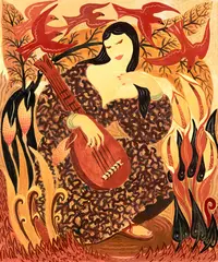 Anna Lois White, Lady with Lute, varnished watercolour on card