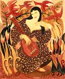 Anna Lois White, Lady with Lute, varnished watercolour on card