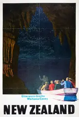 Marcus King, Glow Worm Grotto, Waitomo Caves, New Zealand, vintage poster (1974), linen backed