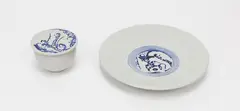 Blue and white stoneware plate and a lidded box by Pauline Wellfare, sold Feb 2019