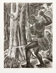 Rona Ina Dyer, Rata Felling a Tree, wood engraving, A.P. edition of 25
