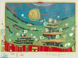 The Houses are Hanging underneath the Meadows by Friedensreich Hundertwasser, serigraph in colors with metallic embossing on cardboard, 276/300 (1971), sold Feb 2019