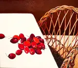 Shona McFarlane, Tamarillos and Cane Chair, acrylic on hardboard
