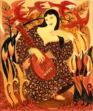 Anna Lois White, Lady with Lute, varnished watercolour on card
