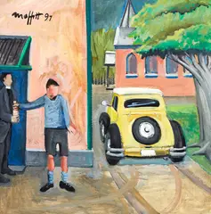 Trevor Moffitt, The 13 year old boy delivering Hokonui, oil on board