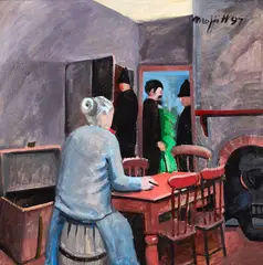Trevor Moffitt, Mary McRae sitting on a barrel of Hokonui, oil on board