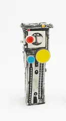 Tall Signaller Figure by Ted Dutch, earthenware with coloured enamelled medallions and inserts, sold Oct 2018