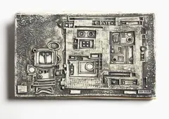 Ted Dutch, Signaller Figure, with architectural structure monochrome earthenware plaque
