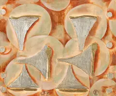 Tony Lane, Two forks, two spoons, two knives, gold and silver leaf and oil paint on gesso panel