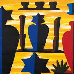 Landscape/Still Life with Statue and Spear by Gavin Chilcott, acrylic on canvas, sold Jul 2018