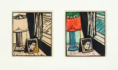 Untitled – Interior Diptych by Dick Frizzell, ink and pastel on paper, diptych, sold Jul 2018