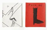 Richard Lewer, Cat Walk and Fuck Me, ink on sandpaper, diptych
