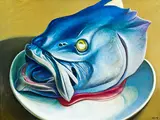 Michael Smither, Hapuka Head on Plate, oil on board