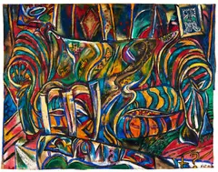 Philip Clairmont, Scarred Couch II, mixed media and collage on unstretched jute