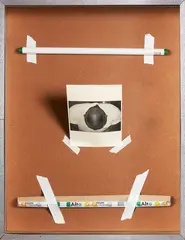 Simon Denny, Close Haircut Leaning with Cigar in Textured Metal Lightbox, Laser print on A4 paper, conservator’s tape, fluorescent tube and packaging, textured aluminum frame