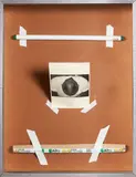 Simon Denny, Close Haircut Leaning with Cigar in Textured Metal Lightbox, Laser print on A4 paper, conservator’s tape, fluorescent tube and packaging, textured aluminum frame