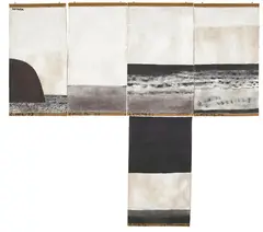 Colin McCahon, Beach Walk, Series D (Ahipara), synthetic polymer paint on unstretched jute canvas, five panels