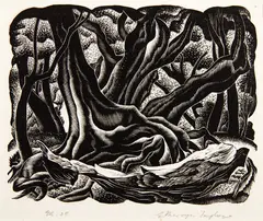 Bush Trees and Roots by Ernest Mervyn Taylor, wood engraving, edition of 25, sold Mar 2018