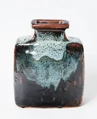 Blossom Vase by Len Castle, slab built stoneware stoneware vase with Jun and tenmoku glaze, sold Mar 2018