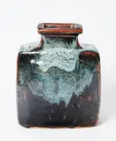 Blossom Vase by Len Castle, slab built stoneware stoneware vase with Jun and tenmoku glaze, sold Mar 2018