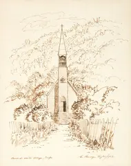 Ernest Mervyn Taylor, Church at Waihi Village, Taupo, ink on paper
