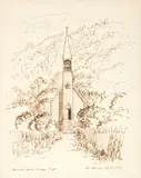 Ernest Mervyn Taylor, Church at Waihi Village, Taupo, ink on paper