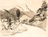 John Weeks, Untitled – Road through a Landscape, ink and wash on paper, circa 1940