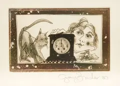Untitled – Lady with Cat and Clock by Gary Tricker, etching, sold Mar 2018