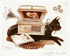 Cat and Stereo by Gary Tricker, etching, 12/78, sold Mar 2018