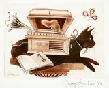 Gary Tricker, Cat and Stereo, etching, 12/78