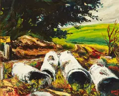 Samuel Cairncross, Macrocarpa and Pipes, Porirua, oil on card