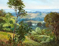 Ida Gertrude Eise, View of the Hauraki Gulf from the Waitakeres, oil on board