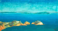 Liam Davidson, Rangitoto from Waiheke, oil on board