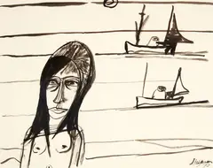 Patrick Hayman, Untitled – Woman and Yachts, ink and wash