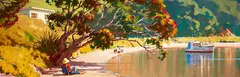 Simon Williams, Relaxing under Pohutukawa, oil on canvas