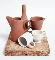 Untitled (Tablescape) by Ann Verdcourt, unglazed ceramics on ceramic base, five parts, offered Dec 2017