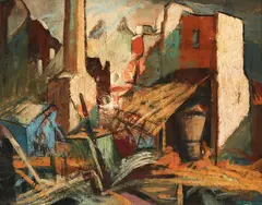 Untitled – Industrial Scene by John Weeks, tempera on board, offered Dec 2017