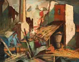 John Weeks, Untitled – Industrial Scene, tempera on board