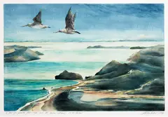 Stanley Palmer, ‘A pair of Godwits flew high above the Harbour entrance’, monoprint