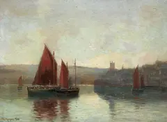 William Gibb, Fishing village, Cornwall, oil on canvas
