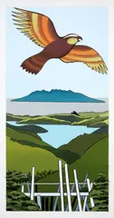 Don Binney, Kaiarara Kaka, Great Barrier, acrylic on card