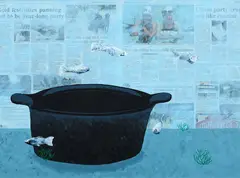 Nick Austin, Aquarium (with pot), acrylic on newspaper