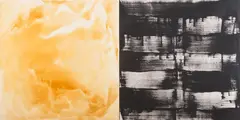 Mountains and Text by Max Gimblett, plaster weld, plaster, polyurethane, wood panel and vinyl polymer on canvas, diptych, offered Oct 2017