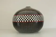 Jack Moulthrop, Large art pottery vase, decorated with a checkerboard around the waist between black and white vertical bands