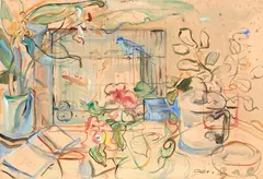 Gabrielle Hope, Coffee Table with Birdcage, watercolour and gouache