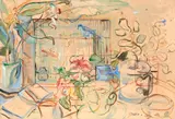 Gabrielle Hope, Coffee Table with Birdcage, watercolour and gouache